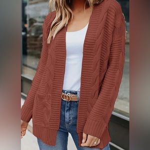 Women's Long Sleeve Cable Knit Cardigan Sweater. Color brickred.